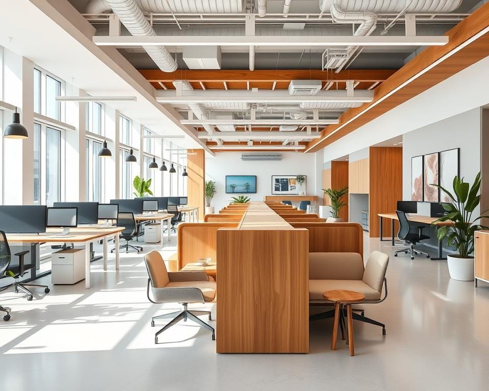 A bright, modern office space designed by Archimaker online office, featuring a combination of open-plan workstations and private meeting areas. The layout emphasizes functionality and collaboration, with ample natural light, ergonomic furniture, and clean, minimalist aesthetic. Warm wood accents and sleek, geometric shapes create a welcoming, professional atmosphere. Strategically placed plants and artwork add pops of color, while the overall design effortlessly blends form and function. شركات تصميم داخلى لمكاتب في السعودية