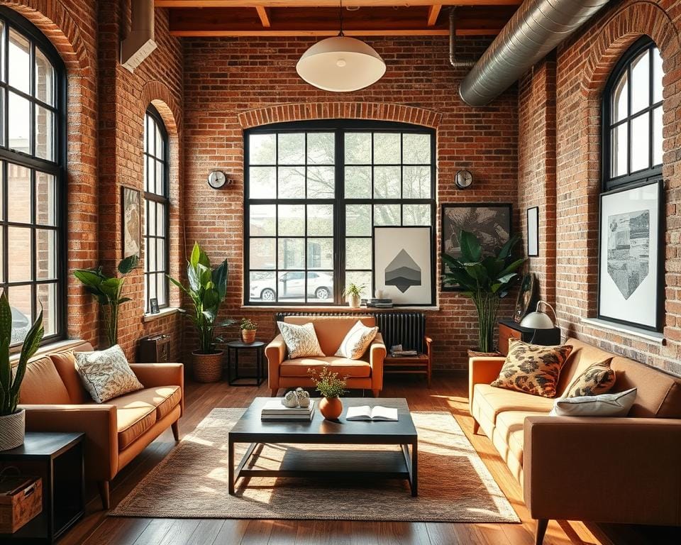 A cozy and inviting Archimaker online office interior, bathed in warm natural light streaming through large windows. Mid-century modern furniture in earthy tones complement the exposed brick walls, creating a harmonious, sophisticated ambiance. Carefully curated decor, including potted plants and minimalist artworks, add visual interest. The space is both functional and aesthetically pleasing, reflecting Archimaker's commitment to blending design and practicality. A perfect illustration of their expertise in translating design ideas into captivating interior spaces.