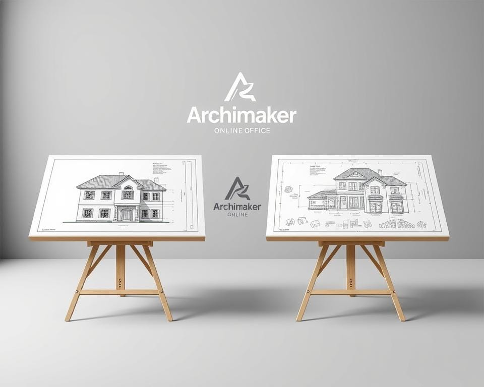 A detailed, architectural illustration showcasing the distinct differences between a structural plan and an architectural plan. The foreground depicts a residential building, with the structural plan on the left and the architectural plan on the right, both displayed on drafting tables. The middle ground features an Archimaker online office logo, signifying the source of the designs. The background is a minimalist, monochromatic setting, emphasizing the technical nature of the subject. Rendered in a realistic, technical style with precise details, clean lines, and a focus on the intricate differences between the two plan types. سعر التصميم المعماري في السعودية: احصل على أفضل الأسعار