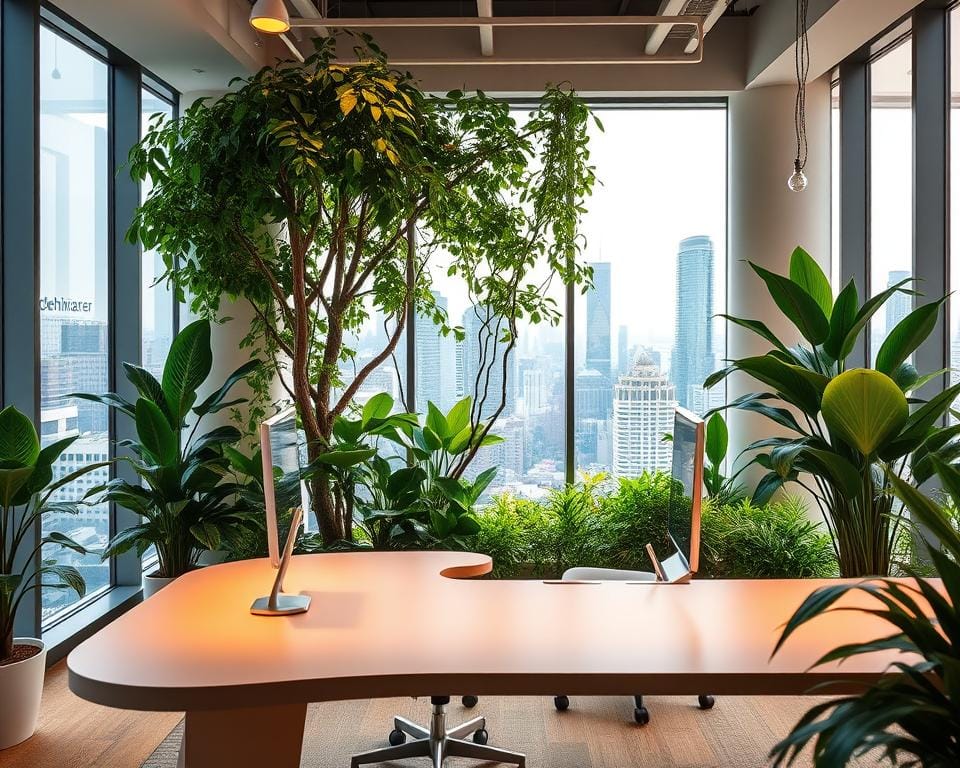 A harmonious and visually striking interior design of the Archimaker online office, showcasing a perfect balance of form and function. In the foreground, a sleek and modern workstation with a curved, minimalist desk and ergonomic chair bathed in warm, diffused lighting. The middle ground features a vibrant, lush indoor garden, its verdant foliage creating a serene, biophilic atmosphere. The background reveals floor-to-ceiling windows, allowing natural light to flood the space and offering a panoramic view of a bustling city skyline. The overall mood exudes a sense of creativity, innovation, and calm productivity, embodying the Archimaker brand's commitment to designing exceptional interior spaces.