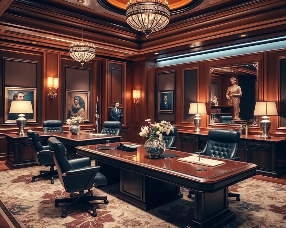 A luxurious Archimaker online office with grand executive desks, leather-upholstered chairs, and polished wood accents. The office is bathed in warm, ambient lighting, creating a sophisticated and professional atmosphere. Ornate lamps and decorative vases adorn the stately furniture, exuding an air of refinement. The layout is arranged to maximize functionality and visual appeal, showcasing the brand's commitment to exceptional design. The overall scene evokes a sense of prestige and exclusivity, befitting the high-end nature of the Archimaker online office experience. احصل على تصميم مكاتب فخمة مع اركيميكر