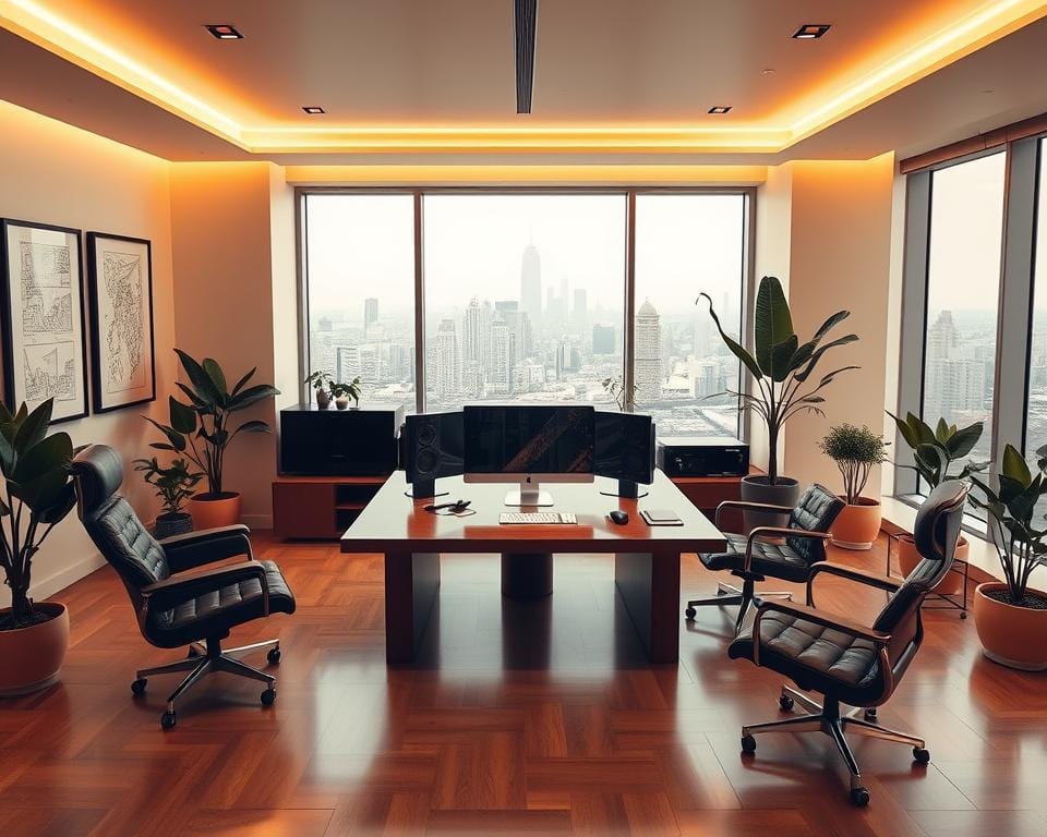 A luxurious, modern Archimaker online office workspace with sleek, minimalist furniture and high-end materials. Warm, inviting lighting illuminates the space, creating a cozy yet professional atmosphere. The focal point is a large, polished wooden desk with a powerful, high-end computer setup. Framed architectural drawings and sketches adorn the walls, hinting at the design expertise within. Plush, ergonomic leather chairs and strategically placed potted plants add sophisticated touches. Large windows offer panoramic city views, further elevating the sense of prestige and exclusivity. احصل على تصميم مكاتب فخمة مع اركيميكر