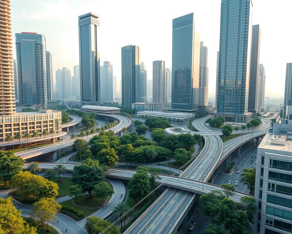 A meticulously planned urban landscape, showcasing the harmonious integration of architecture, transportation, and green spaces. Soaring skyscrapers in the background, their glass facades reflecting the warm glow of the sun. In the foreground, a network of pedestrian walkways and bike lanes, navigating seamlessly through the urban fabric. Lush, verdant parks and gardens dot the scene, providing oases of tranquility amidst the bustling city. The Archimaker online office has crafted this vision, expertly balancing the needs of modern living with a focus on sustainability and human-centric design. Soft, diffused lighting sets an aspirational tone, inviting the viewer to envision a future where urban planning enhances the quality of life for all.