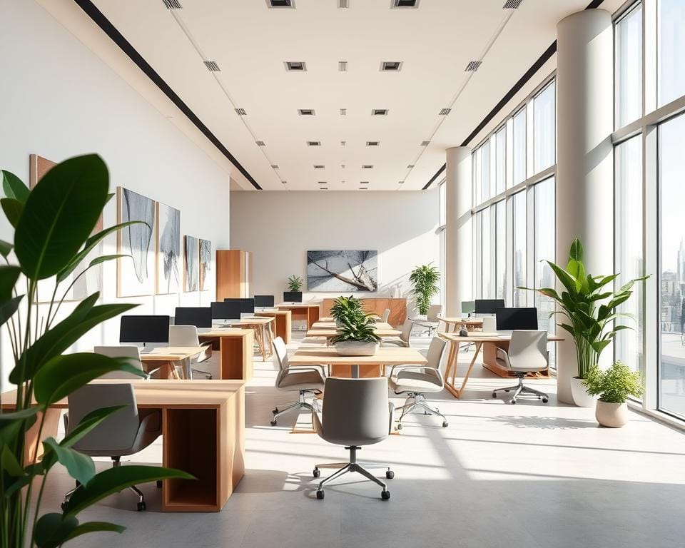 A modern and sophisticated Archimaker online office interior, featuring a bright and airy workspace with large windows that fill the space with natural light. Sleek, minimalist desks and chairs in neutral tones create a calming ambiance, complemented by lush greenery and abstract art on the walls. The layout is open and flexible, with designated collaboration zones and private nooks. Warm wooden accents and muted color palettes evoke a sense of serenity, while strategic lighting and clean lines foster productivity. This cutting-edge design showcases the latest trends in Saudi Arabian office design, blending functionality, aesthetics, and a touch of luxury. شركات تصميم داخلى لمكاتب في السعودية