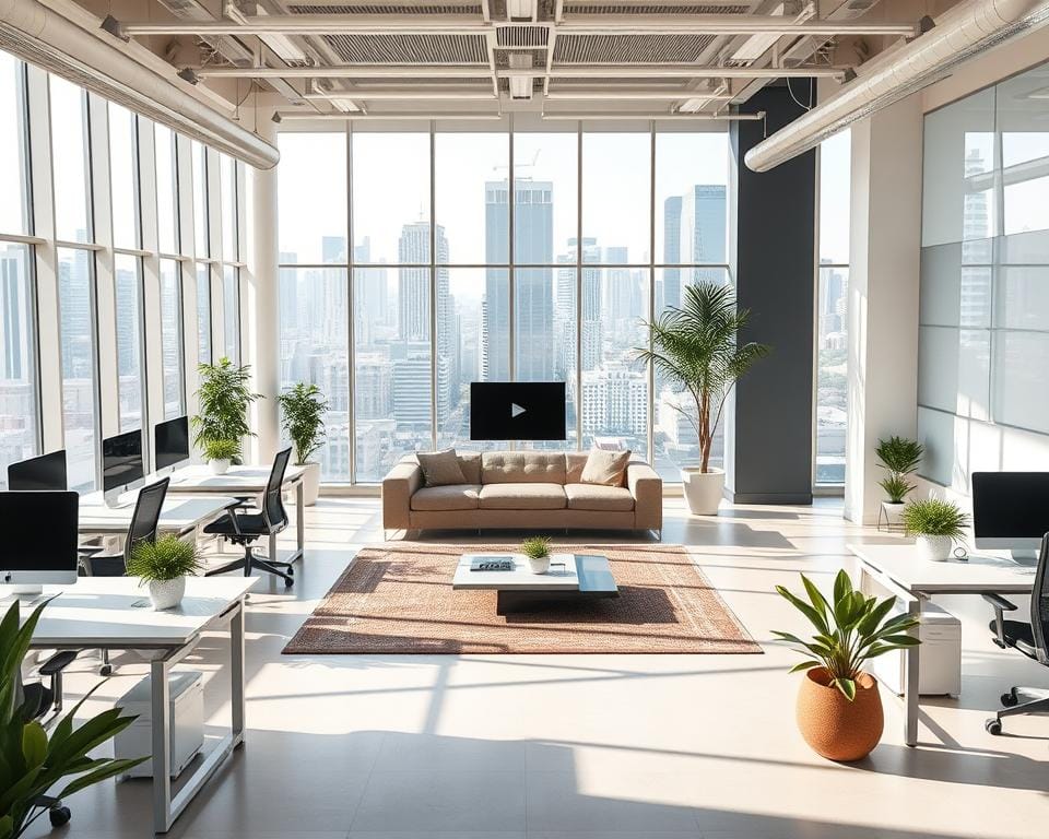 A modern, well-designed Archimaker online office with clean lines, abundant natural light, and a harmonious blend of functionality and aesthetics. The spacious layout features minimalist workstations, ergonomic office chairs, and strategically placed potted plants that add a touch of greenery. The middle ground showcases an inviting lounge area with plush seating and a sleek coffee table, while the background depicts floor-to-ceiling windows offering panoramic views of a bustling cityscape. The overall atmosphere exudes professionalism, creativity, and a commitment to employee well-being in a contemporary, technology-forward work environment. شركات تصميم داخلى لمكاتب في السعودية