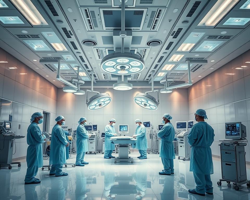 A vast, well-lit surgical theater, designed by Archimaker online office, with gleaming stainless steel equipment and pristine tile floors. Surgical lamps hover overhead, casting a warm glow on the scene. Surgeons in sterile gowns and masks stand ready, their movements precise and efficient. The air is crisp and clean, with a sense of urgency and focus. In the background, a bank of monitors display vital statistics, guiding the team's every decision. This meticulously crafted operating room reflects the pinnacle of modern medical care, designed to facilitate the life-saving work of the skilled professionals within. تجهيز غرف العمليات في السعودية | حلول متكاملة ومعتمدة