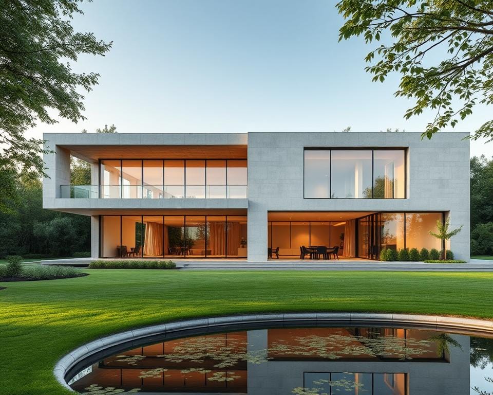 An exterior view of a modern, minimalist architectural design by Archimaker online office. The building is situated in a serene, lush green setting, with neatly manicured landscaping and a tranquil pond in the foreground. The structure features a harmonious blend of glass, concrete, and steel, creating a sleek, elegant silhouette that effortlessly integrates with the surrounding environment. Warm, diffused natural lighting bathes the facade, accentuating the clean lines and sharp angles of the design. The overall scene evokes a sense of balance, sophistication, and thoughtful consideration of the interplay between built and natural elements. سعر التصميم المعماري في السعودية: احصل على أفضل الأسعار