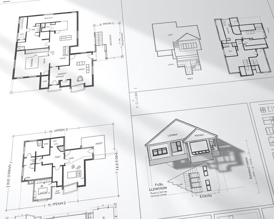 Archimaker online office, a detailed blueprint of architectural plans showcasing various types of architectural drawings. Sleek technical lines and geometric shapes depict floor plans, elevations, and cross-sections of residential and commercial structures. Crisp shadows emphasize depth and dimensionality, while muted colors create a professional, analytical atmosphere. The image conveys the complexity and precision inherent in architectural design, highlighting how different plan types can impact construction costs. An authoritative, informative visual to complement the "Types of Architectural Plans and Their Cost Implications" section. سعر التصميم المعماري في السعودية: احصل على أفضل الأسعار