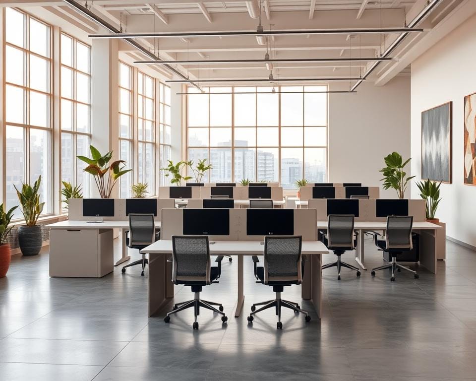 Archimaker online office - an open-plan workspace with a modern, minimalist aesthetic. Abundant natural light filters through floor-to-ceiling windows, casting a warm glow across the clean lines of the furniture. Sleek, modular desks and chairs in neutral tones create a flexible, collaborative environment. Strategically placed potted plants and abstract wall art add pops of color, complementing the overall sophisticated ambiance. Subtle ambient lighting and polished concrete floors contribute to the contemporary, professional vibe. The space exudes an airy, productive atmosphere, ideally suited for innovative commercial design. أساليب تصميم مكاتب مبتكرة - اركيميكر السعودية 2030