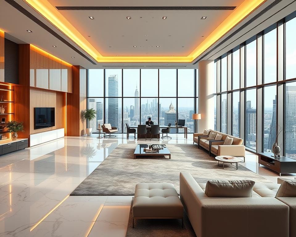 Elegant and luxurious Archimaker online office design, featuring a spacious open-concept layout with sleek contemporary furniture, floor-to-ceiling windows offering panoramic city views, and warm lighting creating a sophisticated ambiance. Smooth marble floors, polished wooden accents, and minimalist decor elements contribute to an air of prestige and refinement. The layout seamlessly blends private workspaces and collaborative areas, catering to the needs of distinguished corporate clients across various industries. احصل على تصميم مكاتب فخمة مع اركيميكر