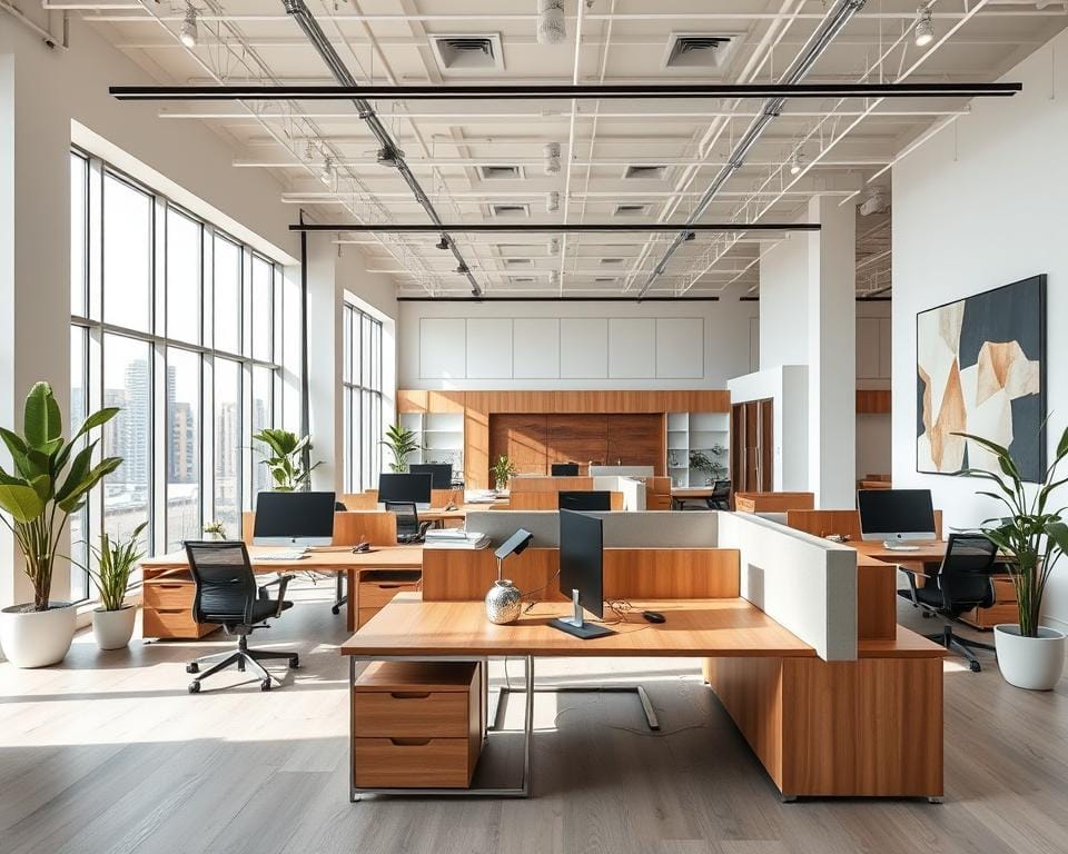 Sleek and modern office interior design for Archimaker online office. Spacious open layout with minimalist furniture, clean lines, and large windows allowing natural light to flood the space. Carefully curated decor accents like potted plants and abstract wall art create a visually appealing and professional ambiance. Warm wooden tones and muted color palette convey a sense of sophistication. Ergonomic workstations with ample desk space and storage promote productivity. Sectioned collaborative zones with comfortable seating encourage teamwork. Cutting-edge technology integrated seamlessly throughout for a streamlined workflow. Overall, a contemporary and innovative office design that reflects Archimaker's brand identity. أساليب تصميم مكاتب مبتكرة - اركيميكر السعودية 2030