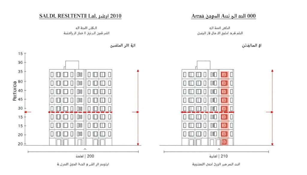 رسم توضيحي للمساحات والارتفاعات في اشتراطات كود البناء السعودي