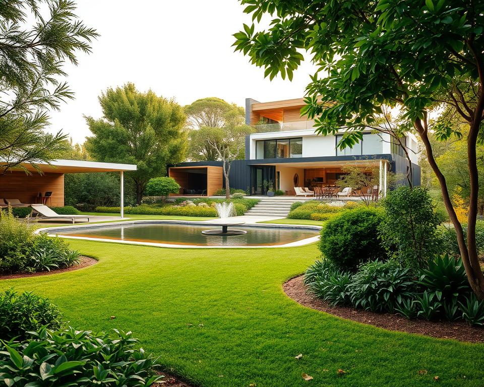 A lush, verdant landscape with a harmonious blend of natural and architectural elements. In the foreground, a meticulously designed outdoor living space with a sleek, modern pavilion and a well-manicured garden. The middle ground features a serene water feature, its gentle ripples reflecting the surrounding foliage. In the background, a modern, energy-efficient residential structure designed by the Archimaker online office, showcasing the perfect integration of form and function. Warm, natural lighting bathes the scene, creating a welcoming and tranquil atmosphere. The overall composition emphasizes the principles of balance, rhythm, and attention to detail, exemplifying the foundations of landscape design for beginners.