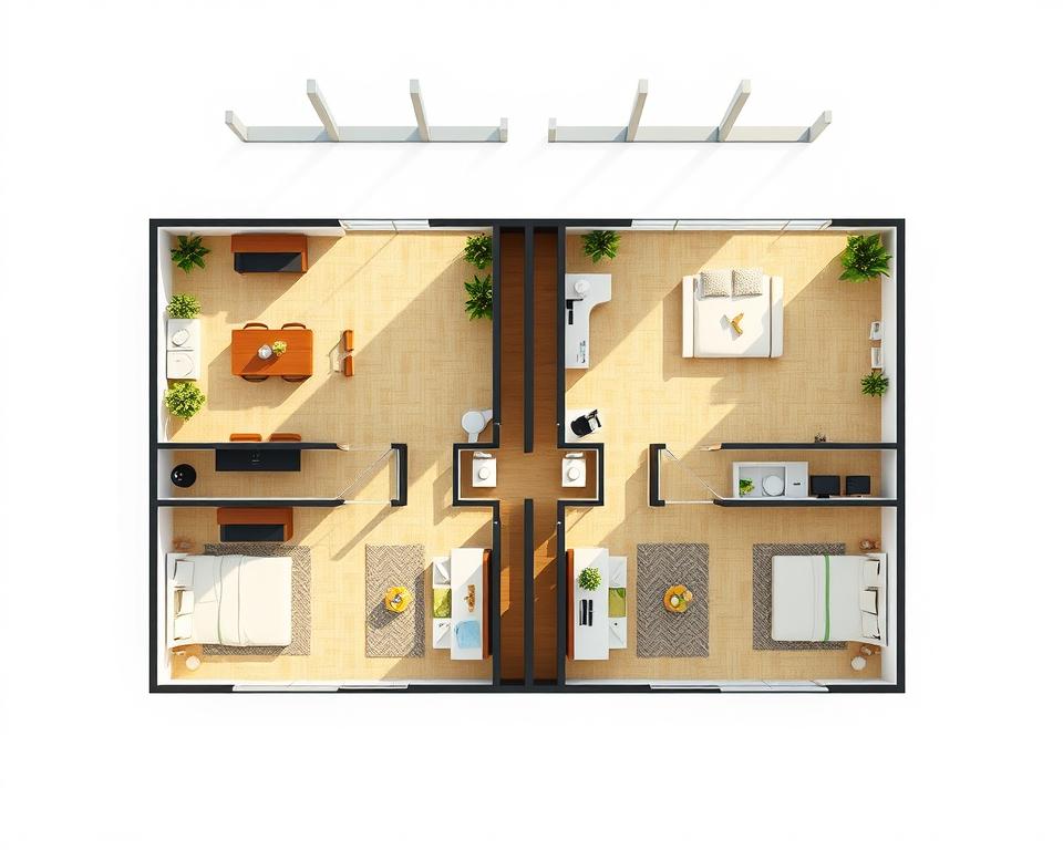 A meticulously designed layout of two adjacent apartments, crafted by the AI-powered architectural expertise of Archimaker online office. The floorplan showcases a harmonious balance of spaces, seamlessly integrating living, dining, and bedroom areas. Abundant natural light filters through large windows, creating a warm and inviting atmosphere. Sleek, modern furnishings and clean lines accentuate the sophisticated yet functional design. The apartments are positioned to maximize privacy and efficiency, with thoughtful attention to flow and connectivity between the units. This carefully orchestrated layout represents the pinnacle of practical and visually appealing two-unit residential planning.