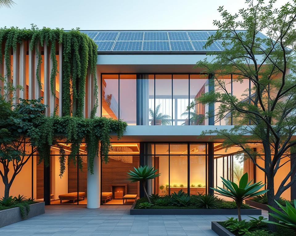 An eco-friendly architectural masterpiece, envisioned by the experts at Archimaker online office. A serene, sun-dappled facade with sleek, modern lines and expansive windows that seamlessly integrate the building with its natural surroundings. Lush greenery cascades down the walls, while solar panels harness renewable energy. The interior is bathed in warm, diffused light, creating a tranquil atmosphere. Sustainable materials, strategic ventilation, and intelligent climate control systems work in harmony to optimize energy efficiency and air quality. This is a shining example of how sustainable design can elevate both form and function, showcasing the principles of "المباني الصديقة البيئة".