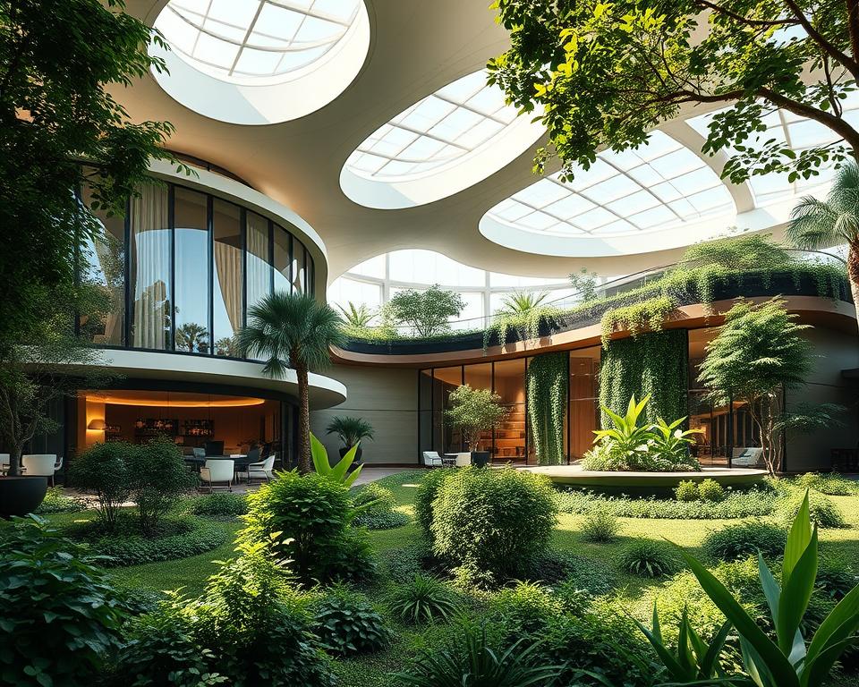Archimaker online office - a sustainable architectural masterpiece, nestled in a verdant landscape. Sleek, modern lines seamlessly blend with nature, harnessing renewable energy and recycled materials. Expansive windows flood the interior with natural light, while passive cooling systems regulate temperature. Rooftop gardens and vertical green walls add lush, vibrant accents. Carefully positioned skylights cast mesmerizing patterns of light and shadow, evoking a sense of tranquility. Curved, organic shapes flow gracefully, mirroring the contours of the land. This eco-friendly marvel showcases the pinnacle of environmentally conscious design, a harmonious fusion of form and function.