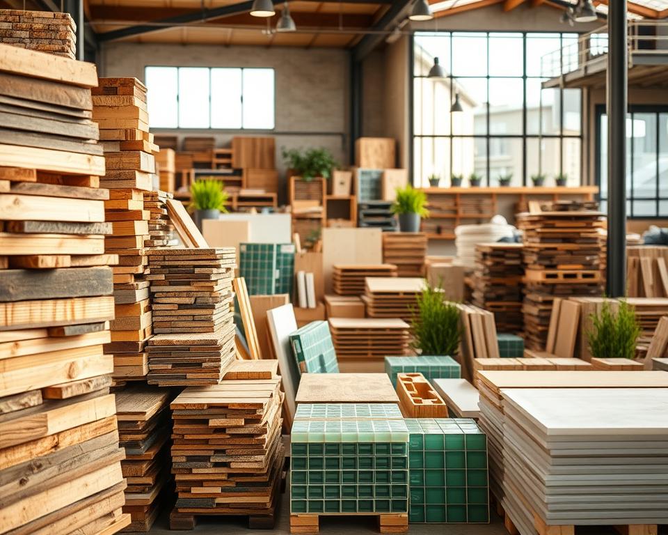 Archimaker online office: a wide variety of eco-friendly construction materials stacked neatly in a well-lit warehouse. Reclaimed wood, bamboo panels, recycled glass tiles, and natural insulation materials are arranged in the foreground, with the middle ground showcasing various green building components and the background fading into a modern, sustainable architectural design. The lighting is warm and inviting, creating a serene, environmentally-conscious atmosphere. The camera angle is slightly elevated, capturing the breadth and diversity of the sustainable building materials on display.