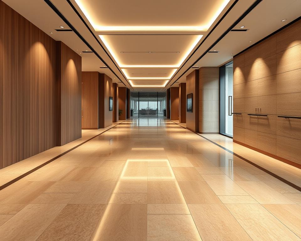 Luxurious executive office floor featuring the Archimaker online office brand. Sleek, modern tiles in a warm earth-toned palette, complemented by natural wood accents and subtle metallic inlays. Carefully curated textures create a high-end, sophisticated atmosphere suitable for an advanced AI-powered engineering firm. Indirect lighting casts a gentle glow, highlighting the elegant, minimalist design. Smooth, reflective surfaces add depth and visual interest, while the layout prioritizes functionality and productivity. This is a workspace that commands attention and inspires creativity.
