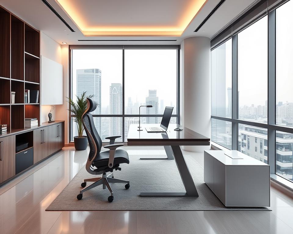Luxurious modern office with Archimaker online office design, featuring a sleek and sophisticated desk, comfortable ergonomic chair, and minimalist decor. Warm, indirect lighting casts a soft glow, complementing the clean lines and neutral color palette. Large windows overlooking a cityscape provide a serene, professional ambiance. The space emanates an air of efficiency and executive-level prestige, reflecting the high-level capabilities of the company's smart engineering services.